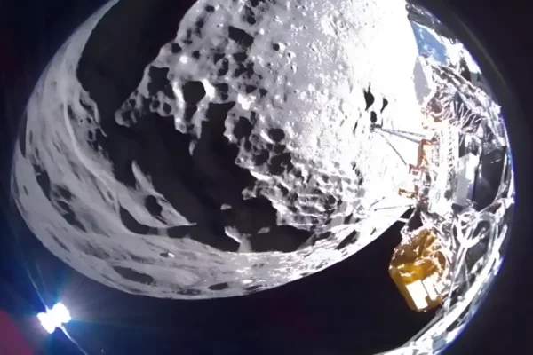 Intuitive Machines’ Nova-C lander captured this image of the Moon’s surface before touchdown.